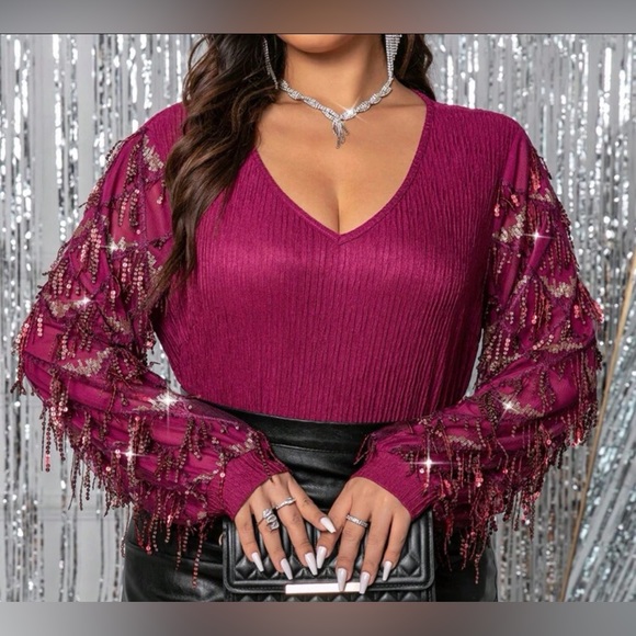 NEW Women's 2X Plus Size Sequin Sleeve Top Raspberry Sparkle Tunic V Neck Sexy - Picture 8 of 8